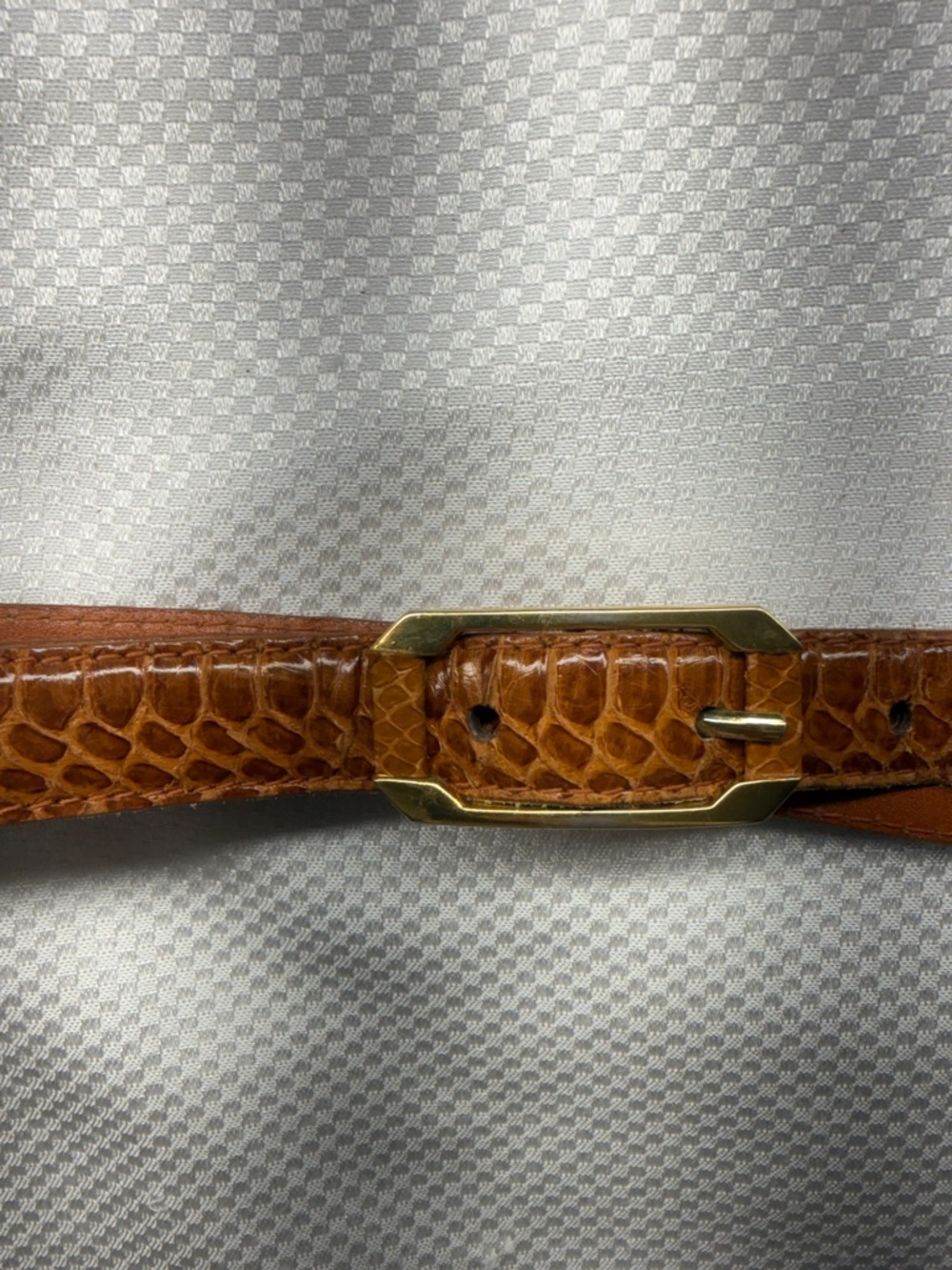 Slim Brown Genuine Snakeskin Belt with Gold Buckle - 32.5”